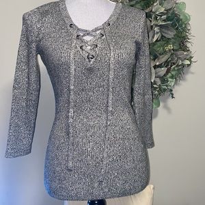New York & Company ribbed fitted lace up Merle grey top lightweight sweater med